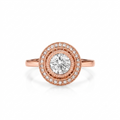 Direct top view of a 3 CT round lab grown diamond target ring in rose gold with beaded milgrain halo details.