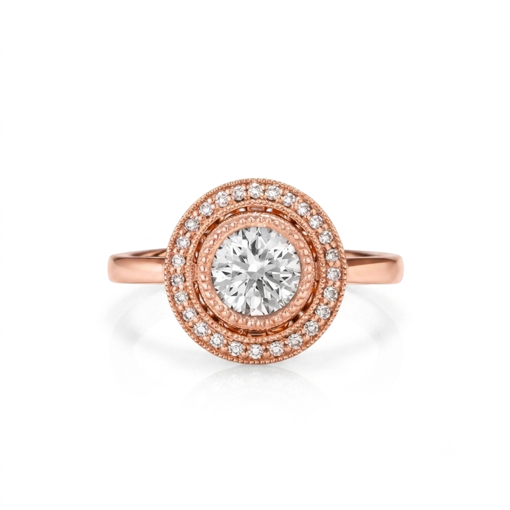 Direct top view of a 3 CT round lab grown diamond target ring in rose gold with beaded milgrain halo details.
