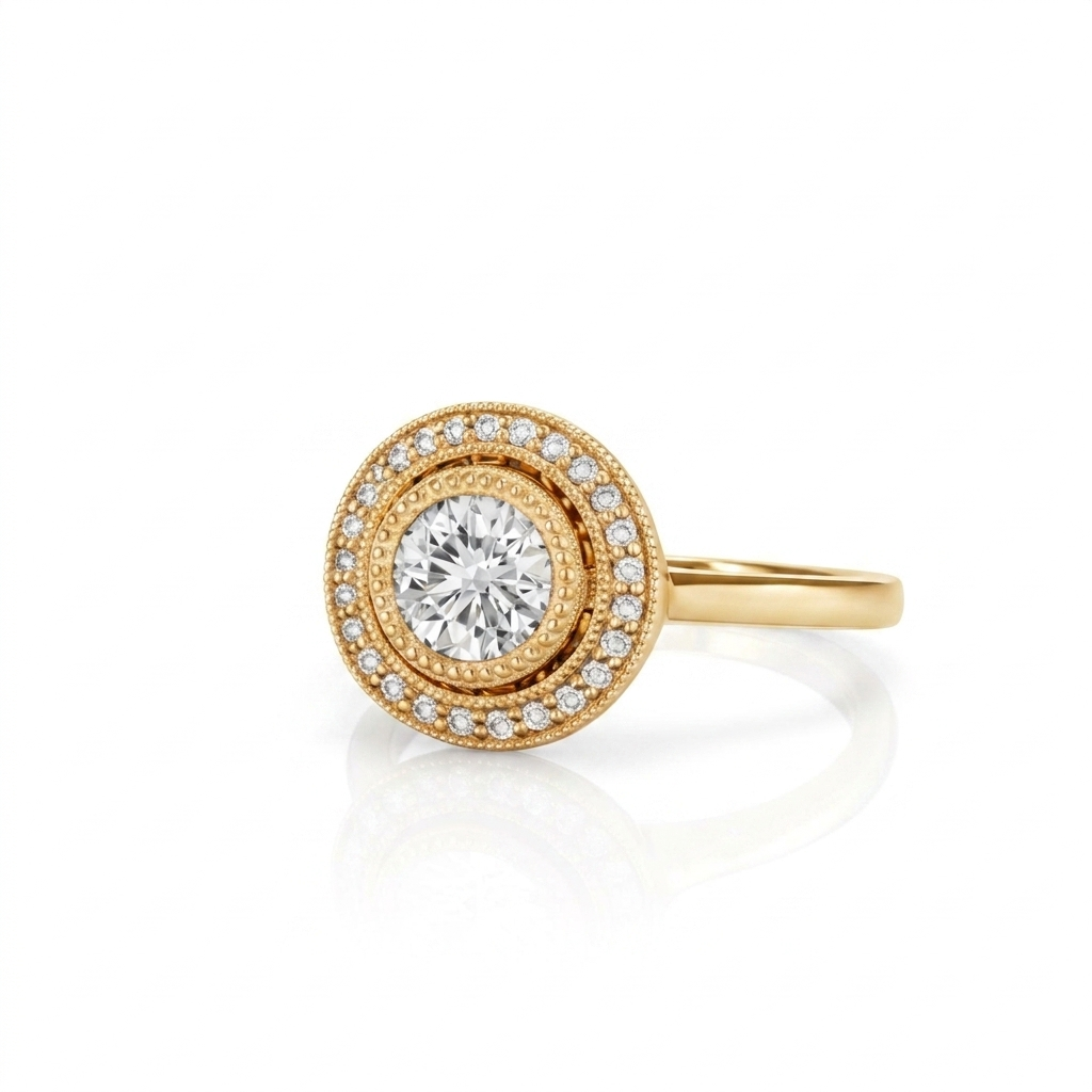 Side angled perspective of a 3 carat round lab grown diamond double milgrain halo ring in yellow gold.
