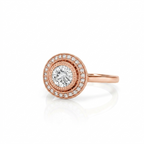Angled side view of a 3 CT round lab grown diamond ring set in rose gold with double milgrain halo frame.