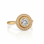 Profile angle view of a 3 carat round lab grown diamond halo ring with smooth yellow gold band.