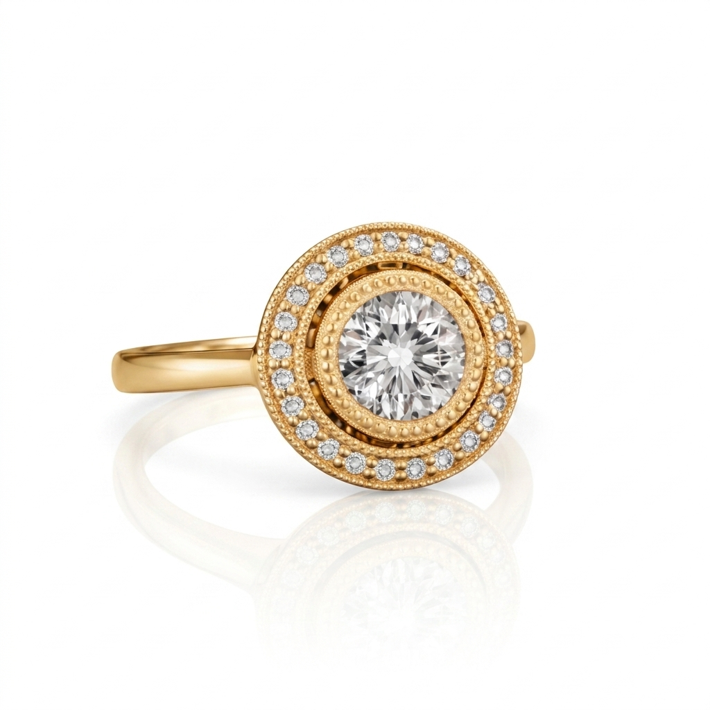 Profile angle view of a 3 carat round lab grown diamond halo ring with smooth yellow gold band.