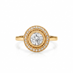 Centered top view of a 3 CT round cut lab grown diamond in a yellow gold double milgrain halo setting.