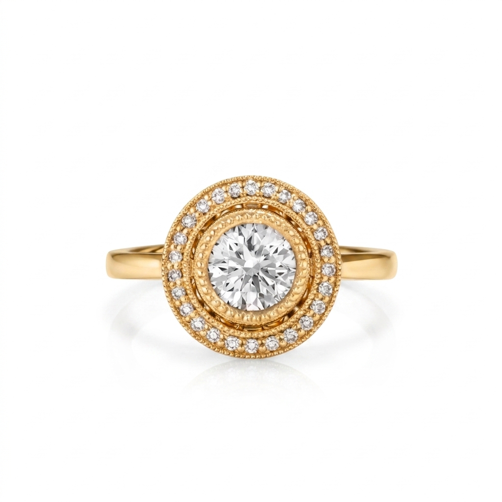Centered top view of a 3 CT round cut lab grown diamond in a yellow gold double milgrain halo setting.