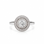 Top-down view of a 3 carat round cut lab grown diamond set in a white gold target milgrain halo setting.