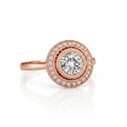 Side angled view showing the inner milgrain frame and plain band of a rose gold 3 CT round diamond halo ring.