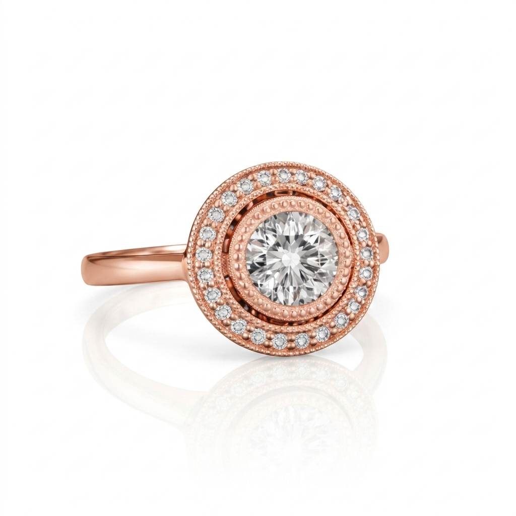 Side angled view showing the inner milgrain frame and plain band of a rose gold 3 CT round diamond halo ring.