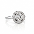 Profile view of a 3 CT round lab grown diamond target ring in white gold with polished plain shank.