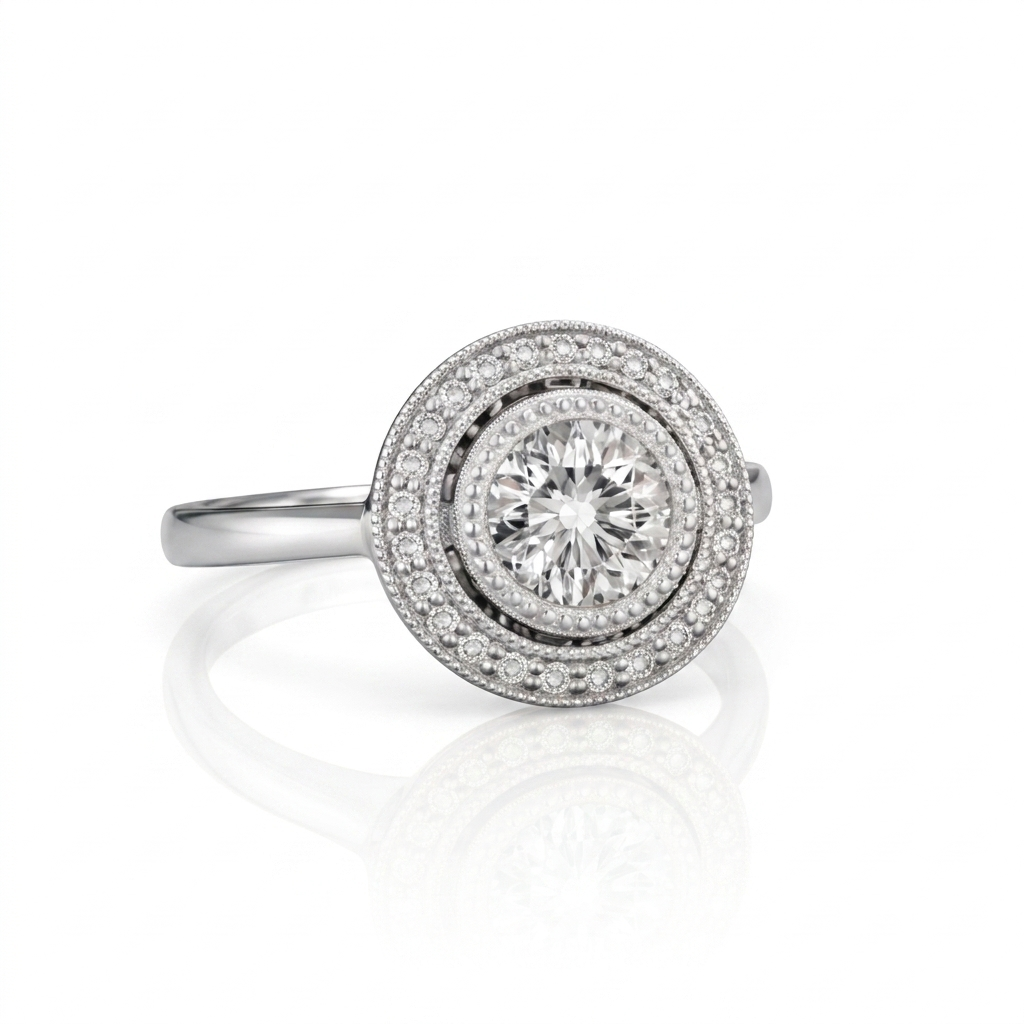 Profile view of a 3 CT round lab grown diamond target ring in white gold with polished plain shank.
