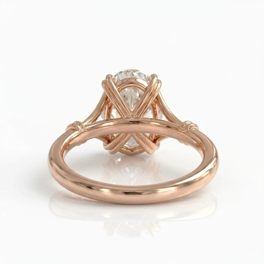 Rear under-gallery view of a 3 CT oval lab grown diamond ring in rose gold showing woven wire basket detail.