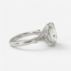 Alternate side profile angle of a 3 carat oval lab grown diamond engagement ring in white gold.