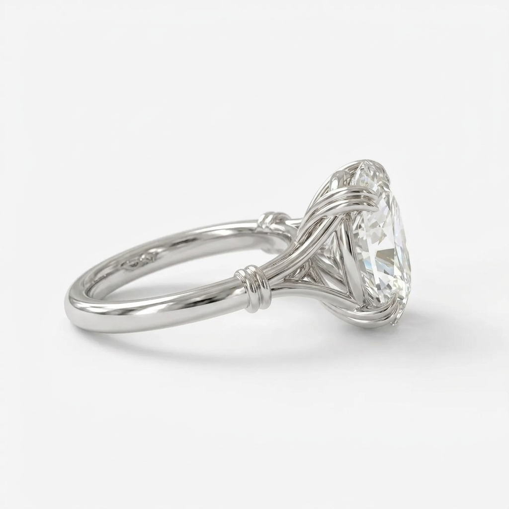Alternate side profile angle of a 3 carat oval lab grown diamond engagement ring in white gold.