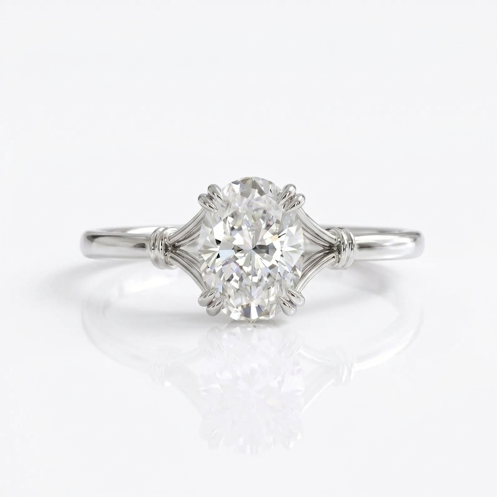 Top-down centered view of a 3 CT oval lab grown diamond engagement ring in white gold.