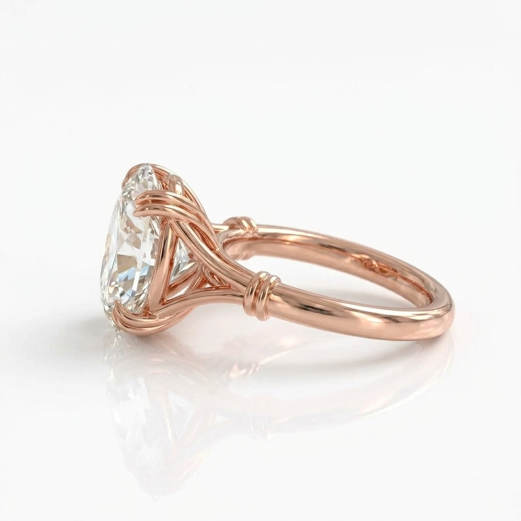 Side angle profile of a 3 CT oval lab grown diamond ring with wrapped split shank collar in rose gold.