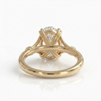 Back under-gallery view of a 3 CT oval cut lab grown diamond ring set in yellow gold.