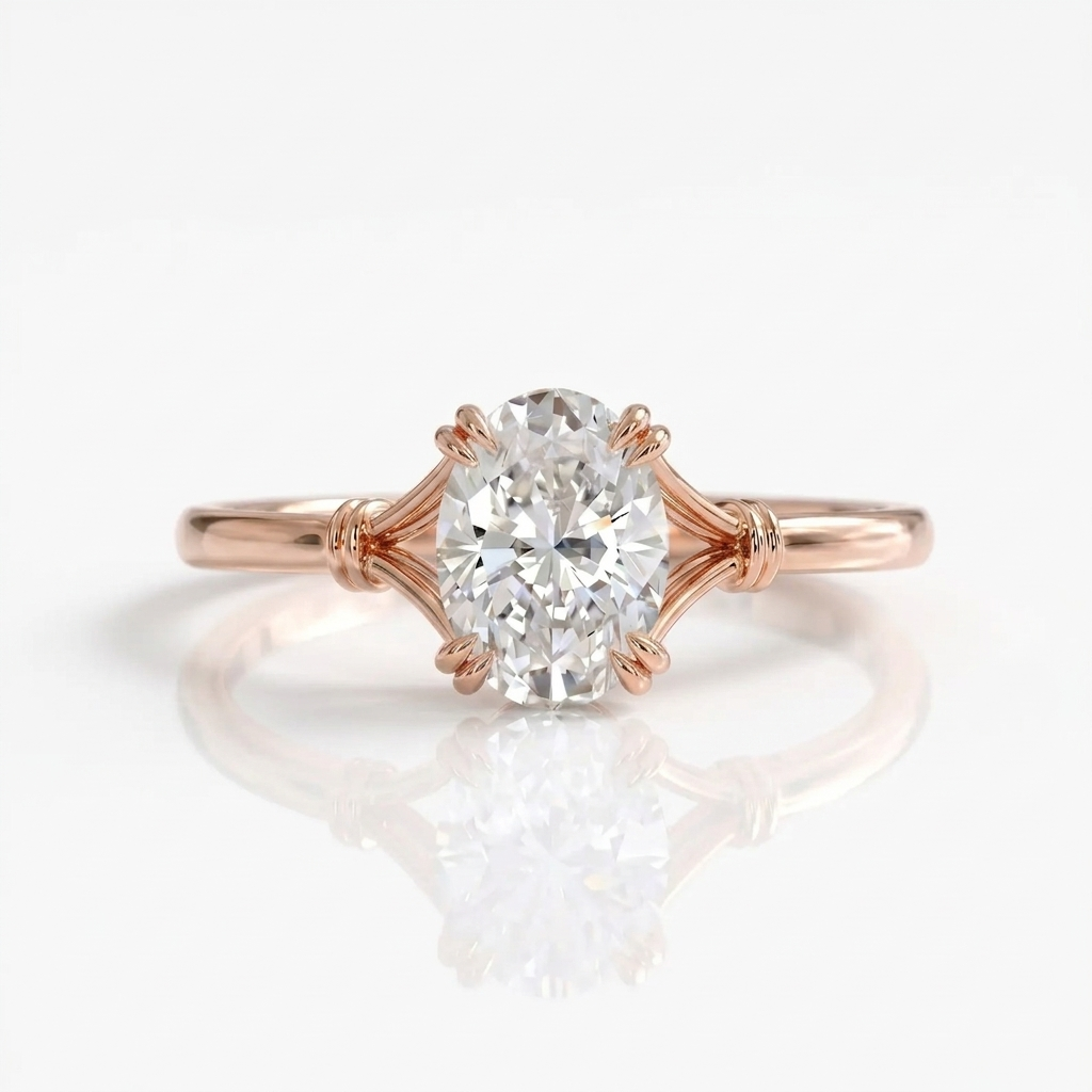 Direct top view of a 3 CT oval cut lab grown diamond engagement ring in rose gold.