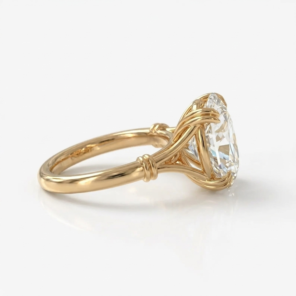 Side angle view of a 3 CT oval lab grown diamond solitaire ring in 14K yellow gold.