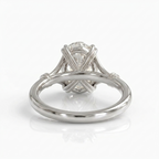Rear view showing the intricate woven basket setting of a white gold 3 CT oval lab diamond ring.