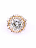 Top view of a 5 CT round cut lab grown diamond engagement ring featuring a double halo and yellow gold setting.