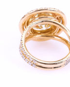 Bottom view of a 5 CT round lab diamond double halo ring showing the dual pavé band and yellow gold interior.