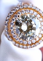 Close-up top view highlighting the brilliance of a 5 CT round cut lab grown diamond inside a double halo.