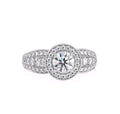 Direct top-down view of a 3 CT round lab grown diamond ring with milgrain halo and wide accent-set band.