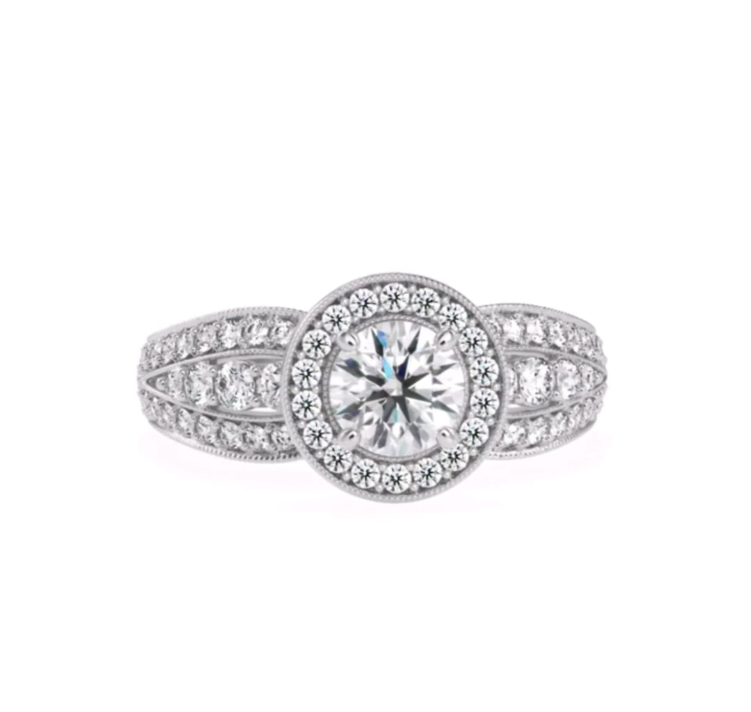 Direct top-down view of a 3 CT round lab grown diamond ring with milgrain halo and wide accent-set band.