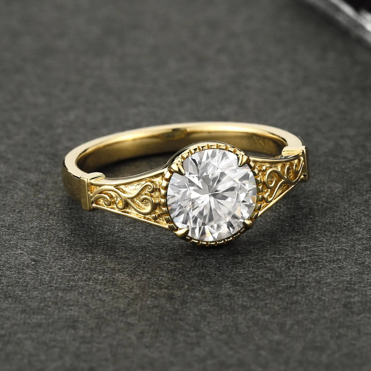 Frontal view showcasing the facet brilliance of a 3 CT round lab grown diamond set in yellow gold filigree.