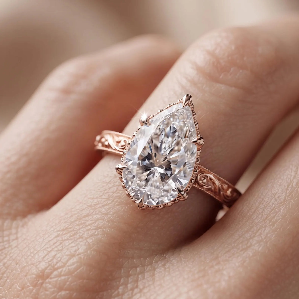On-finger view of a 4 CT pear cut lab grown diamond vintage engagement ring with hand-engraved rose gold band.