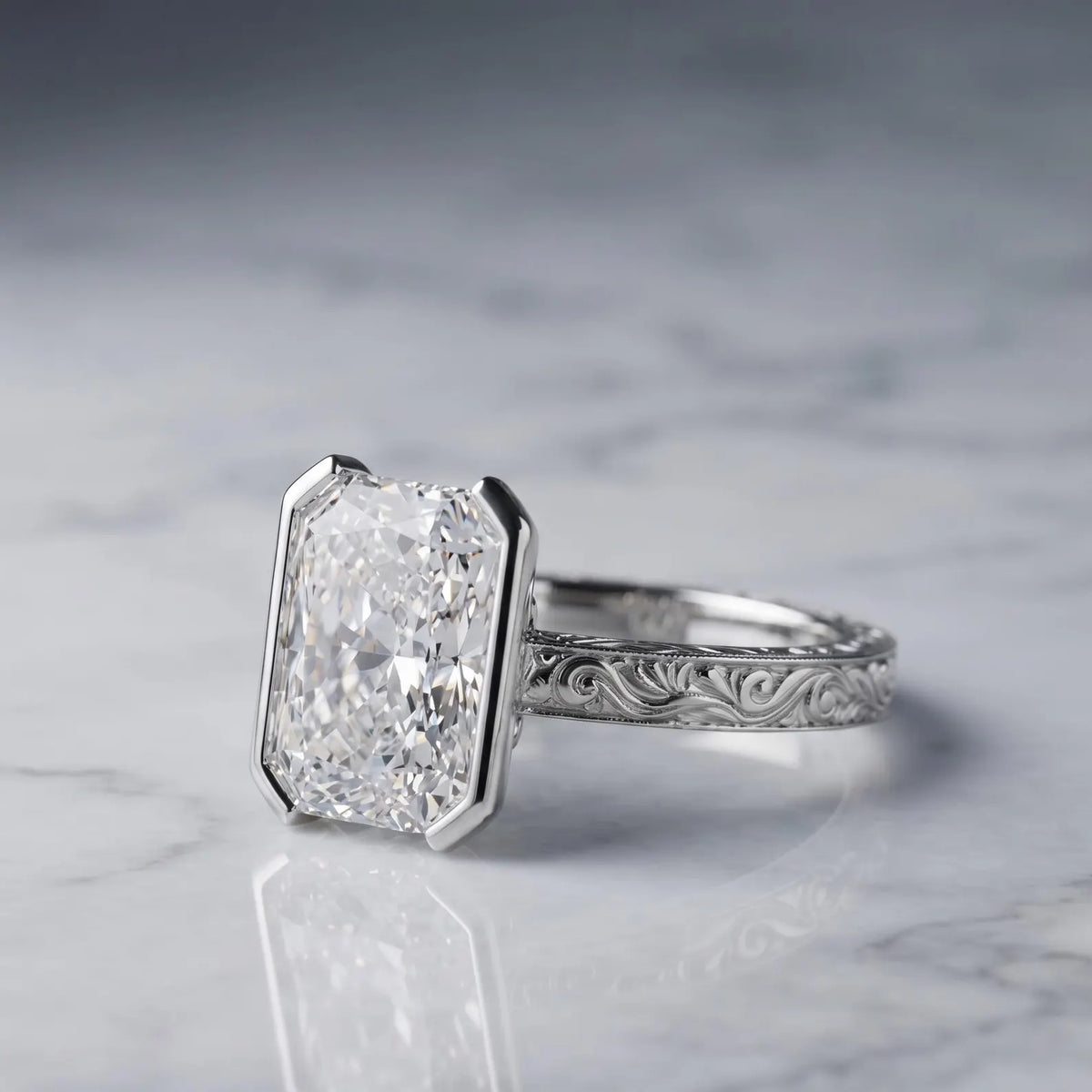 Side view of a 3 CT radiant lab grown diamond engagement ring in white gold featuring a half bezel setting and scrollwork band.