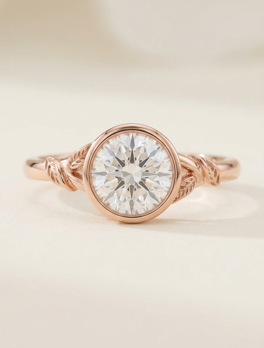 Top-down view of a 3 CT round lab grown diamond ring with full bezel setting and leaf motif shoulders in rose gold.
