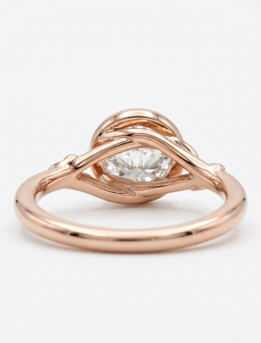 Side profile view showing the sculpted branch undergallery and rose gold bezel on a 3 CT round lab diamond ring.
