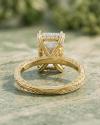 Back view highlighting the crossover basket design and engraved milgrain shank on a 4 CT radiant lab grown diamond ring.