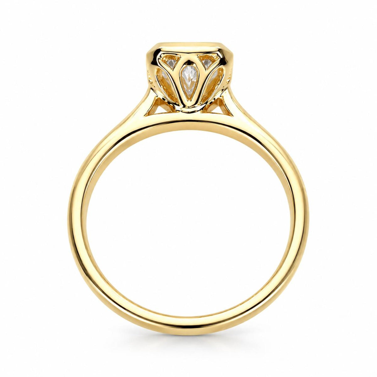 Side profile view of a 4 CT radiant cut lab grown diamond ring in yellow gold showing the petal filigree basket undergallery.