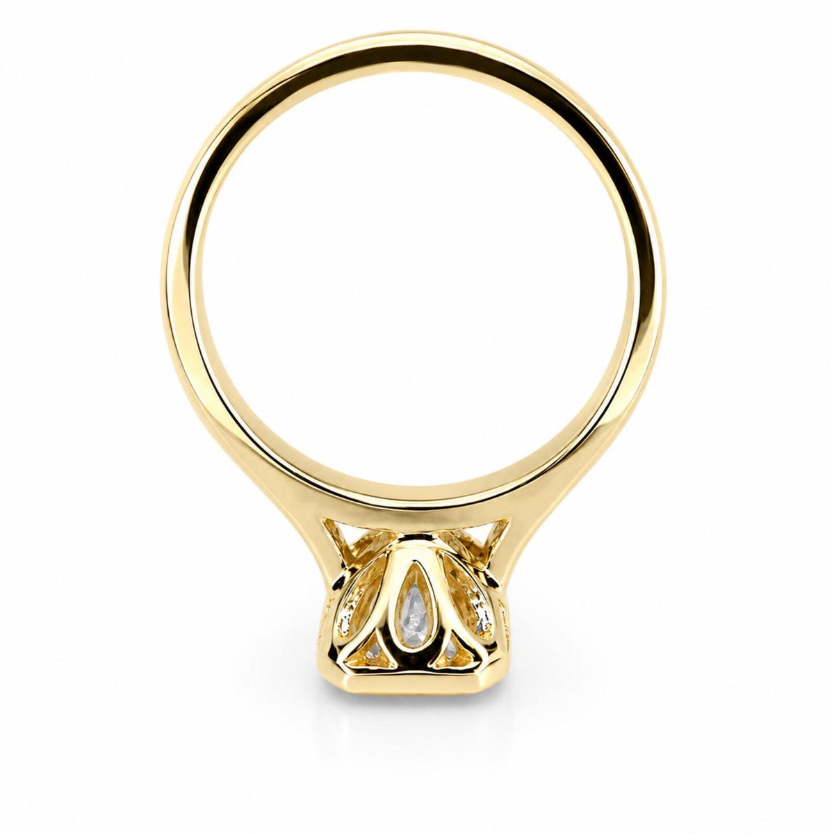 Detailed view of the openwork teardrop filigree basket setting on a 4 CT radiant lab diamond solitaire ring.