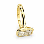 Vertical side profile displaying the sleek bezel head and yellow gold band on a 4 CT radiant lab diamond ring.