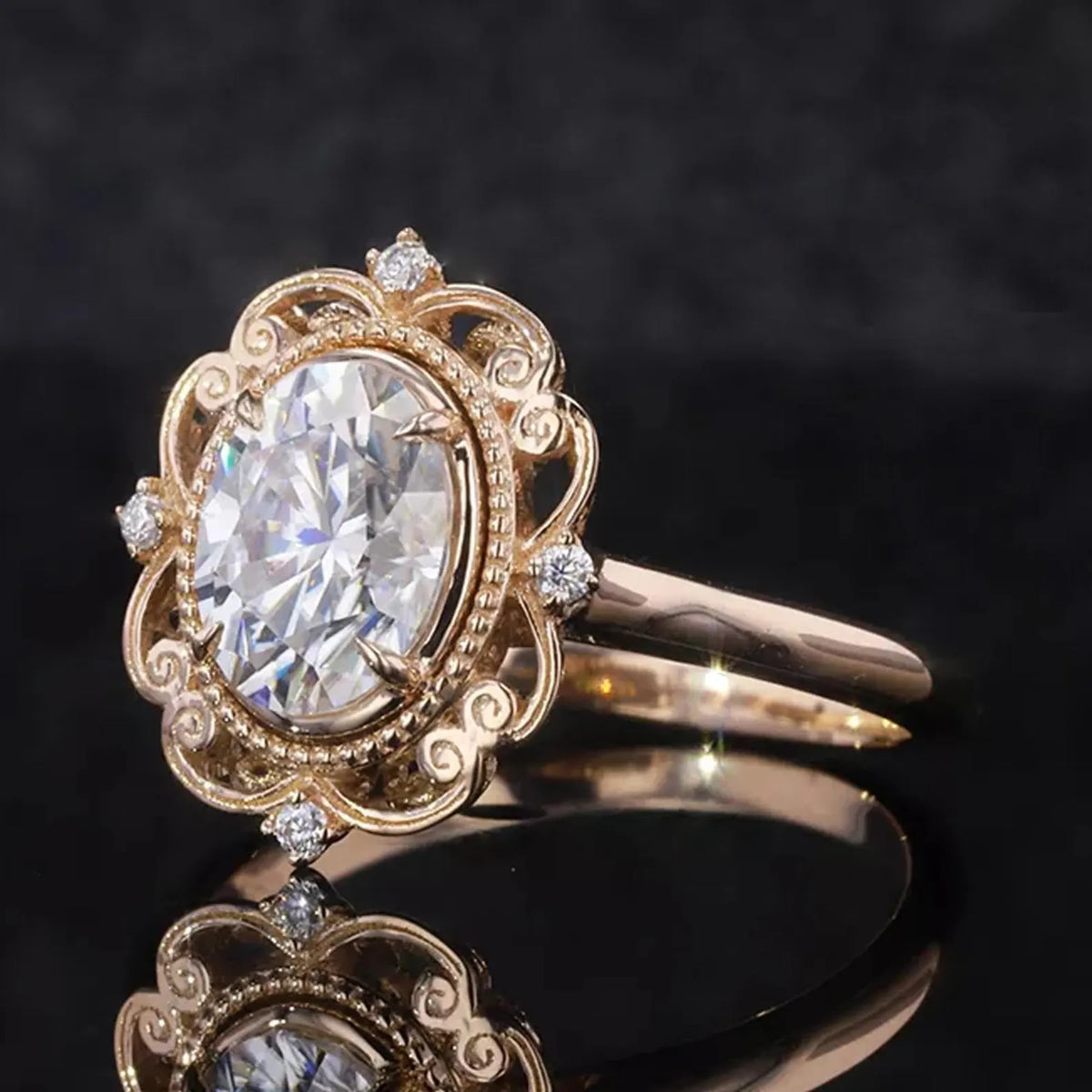 Three-quarter angle of a 3 CT oval lab diamond engagement ring featuring a scalloped floral halo and milgrain borders.