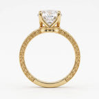 Side view through the band highlighting continuous scrollwork engraving and cathedral basket on a 3 CT oval ring.