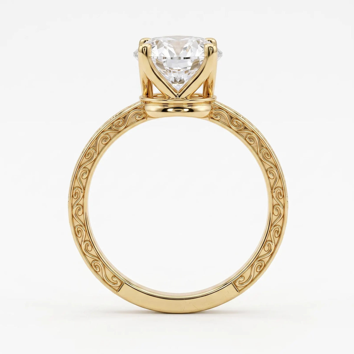 Side view through the band highlighting continuous scrollwork engraving and cathedral basket on a 3 CT oval ring.