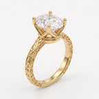 Angled perspective view of a 3 CT oval lab diamond ring with hand-engraved scrollwork shoulders.