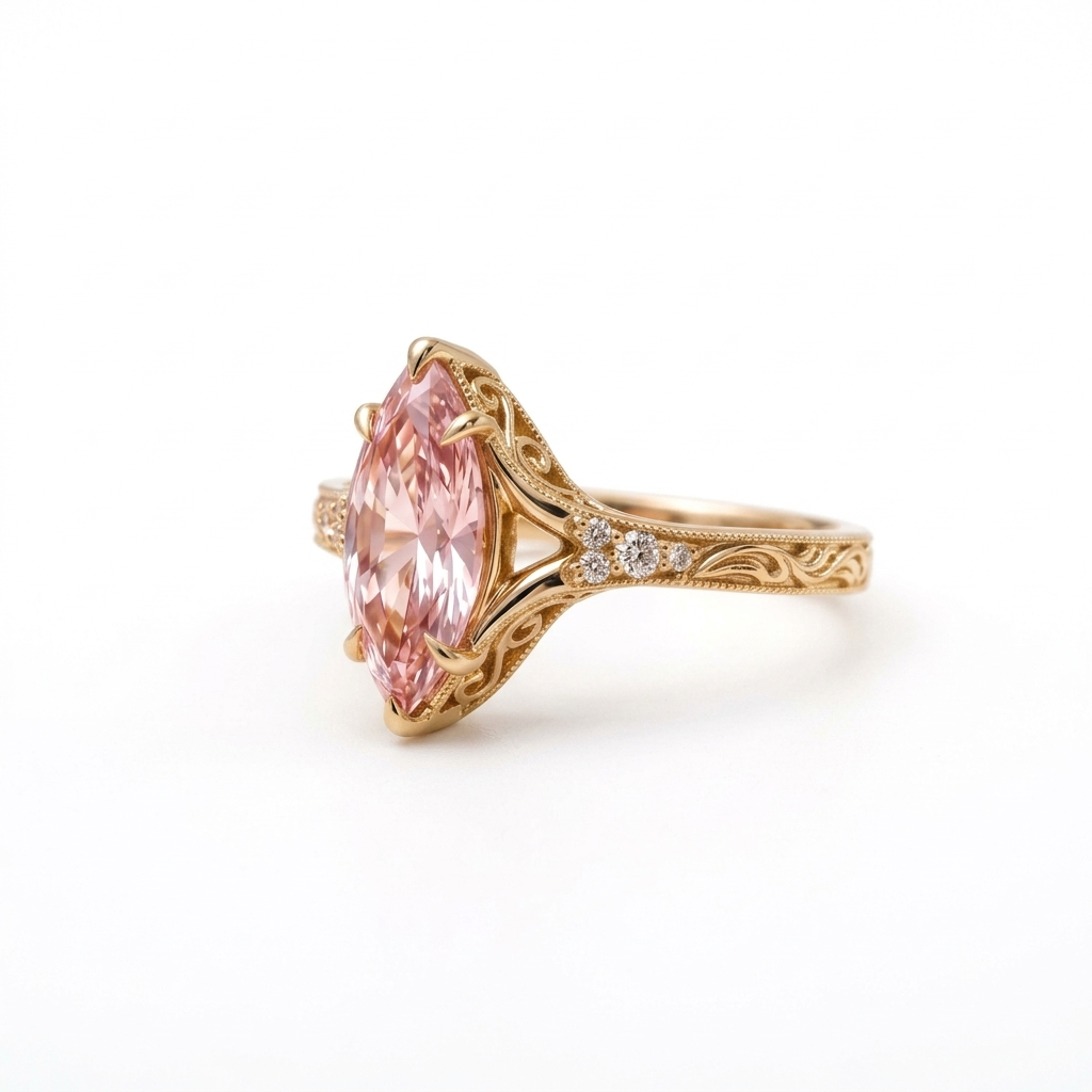 Side profile angle of a 3 CT pink marquise lab grown diamond ring with filigree scrollwork in rose gold.