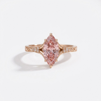 Front perspective of a 3 CT pink marquise cut lab grown diamond solitaire ring in rose gold.