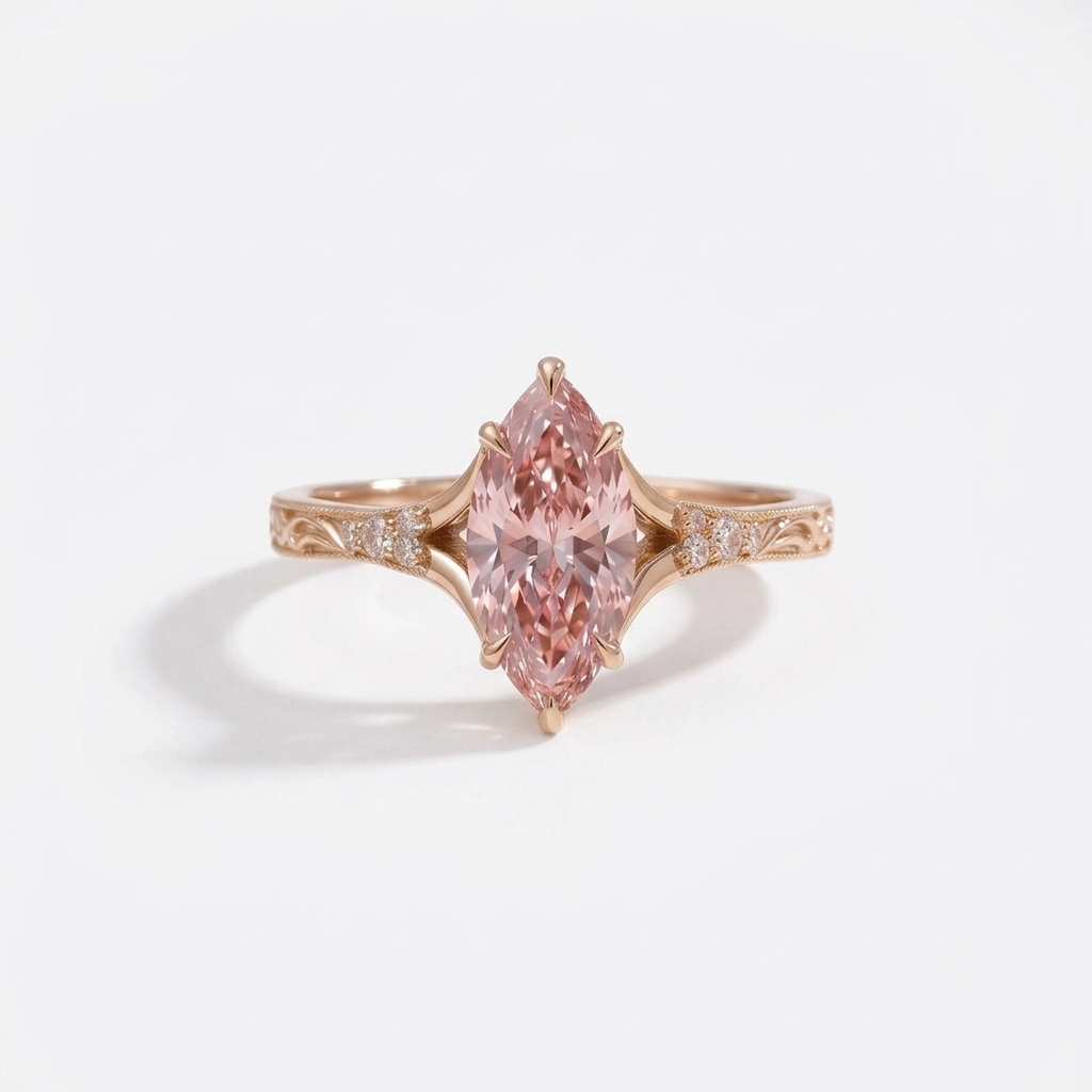 Front perspective of a 3 CT pink marquise cut lab grown diamond solitaire ring in rose gold.