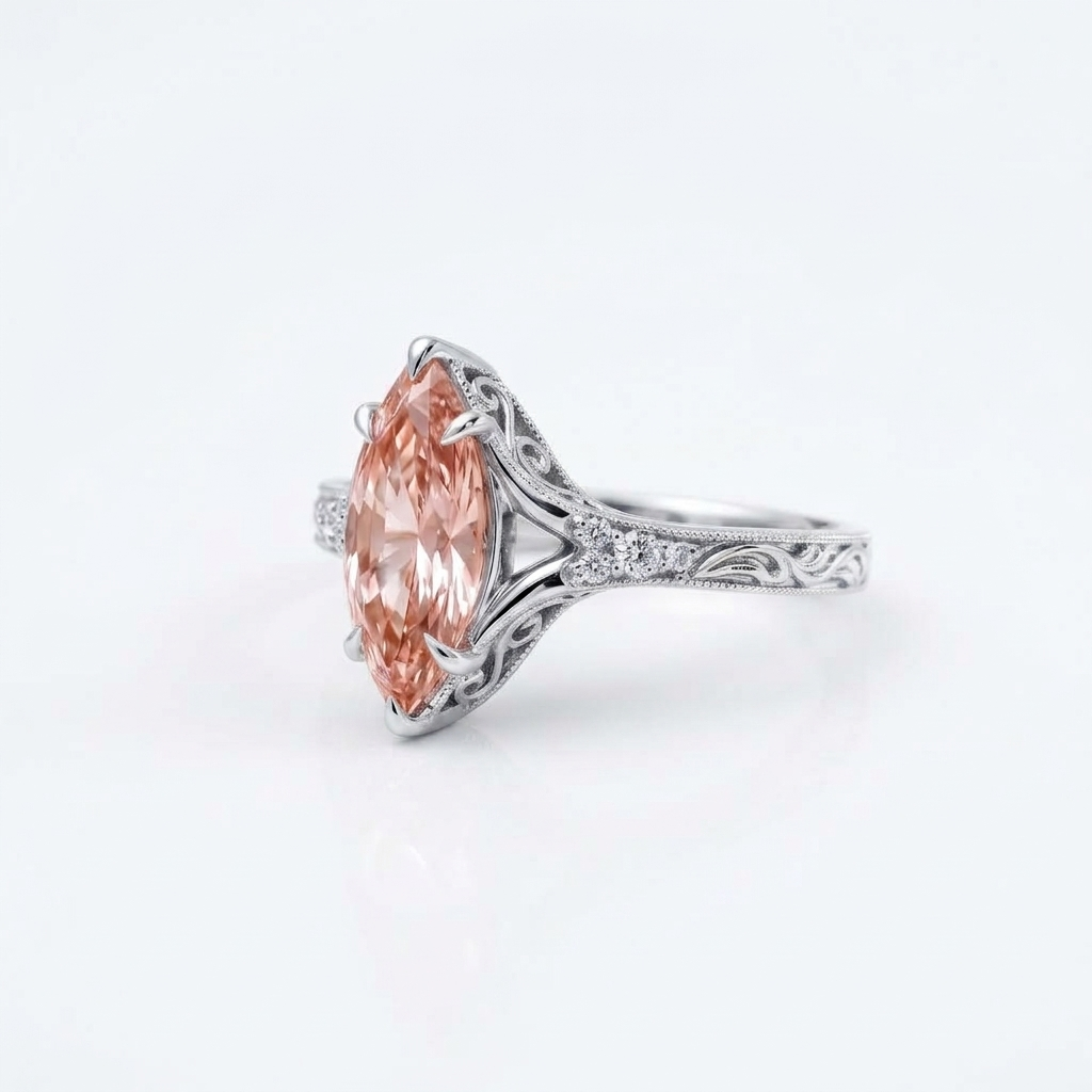 Side angle view of a 3 CT pink marquise cut lab diamond ring set in 14K white gold.