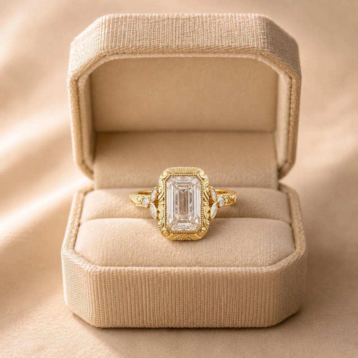 4 CT emerald cut lab grown diamond ring displayed inside a beige velvet gift box.