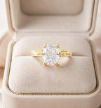 3 CT cushion cut lab grown diamond vintage solitaire ring presented in a beige velvet ring box.