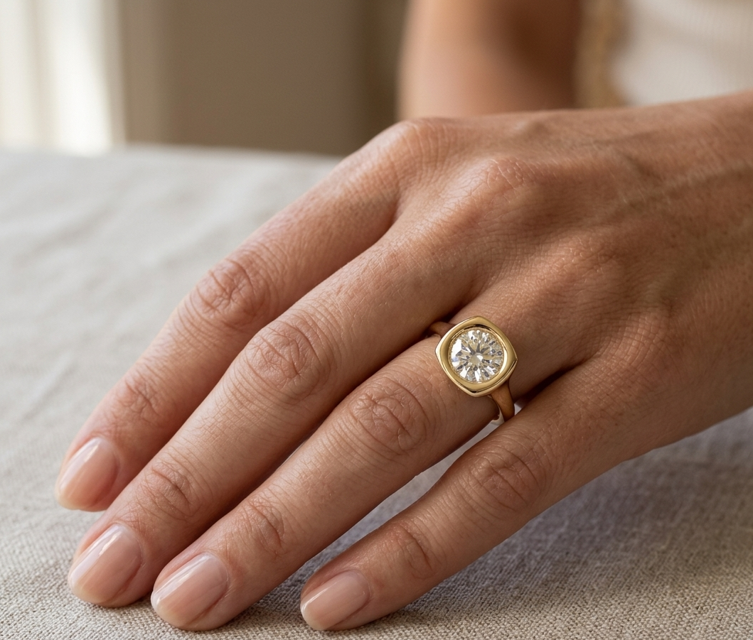 Close-up of a hand wearing a 3 CT round lab grown diamond ring with a chunky yellow gold bezel setting.