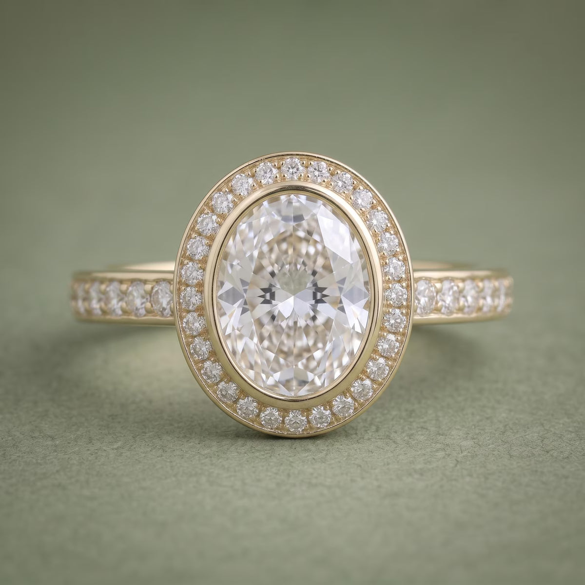 Top-down view of a 4 CT oval lab grown diamond engagement ring with a bezel halo setting in 14K yellow gold.