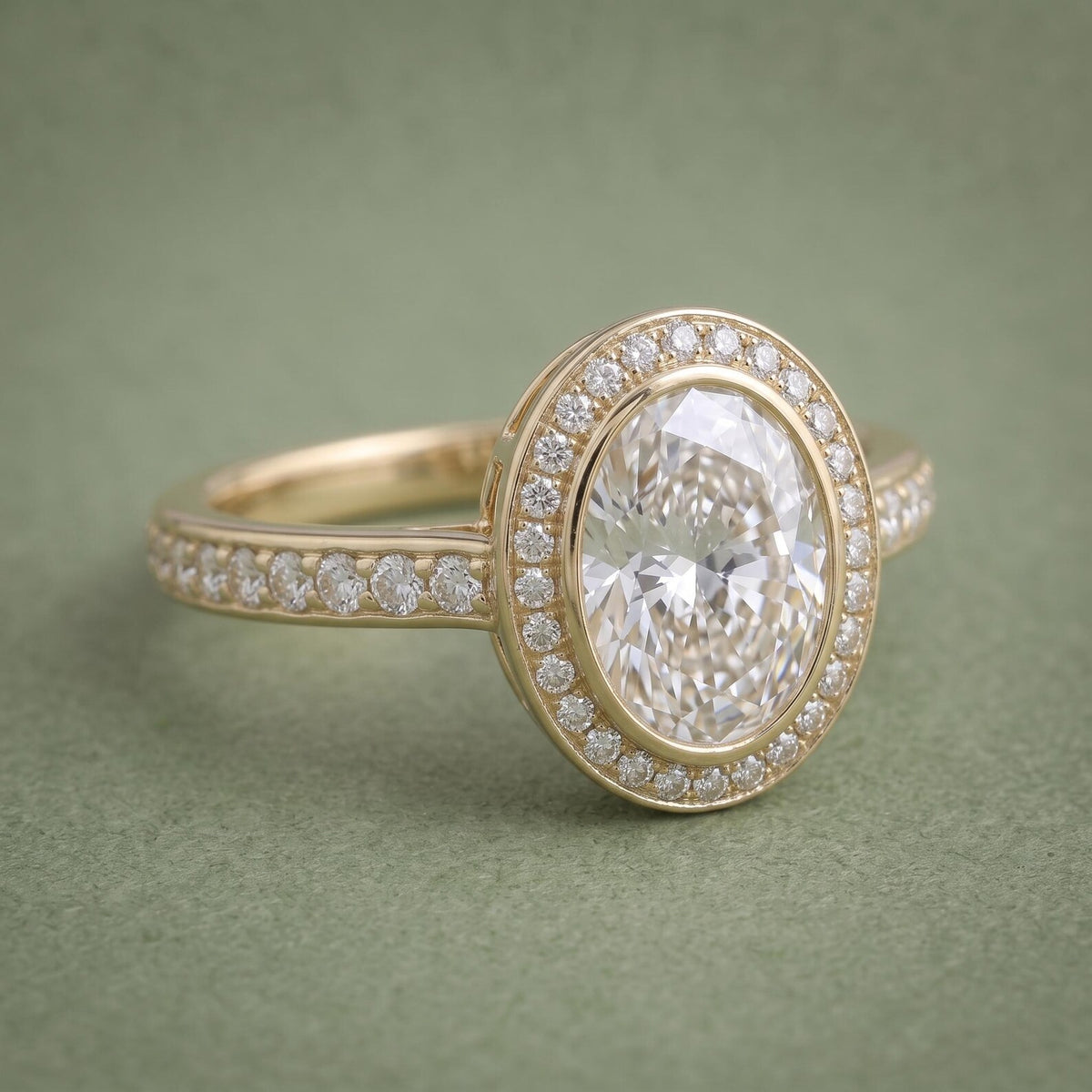 Three-quarter angle view of a 4 CT oval lab diamond ring featuring a micro-pavé halo and accent diamond shank.