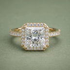 Direct top view showing a 4 carat princess cut lab diamond surrounded by a brilliant halo setting on a pavé band.
